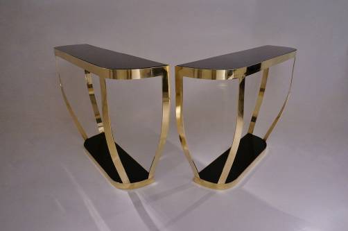 Pair console tables, solid brass with black glass & shelf, Italian